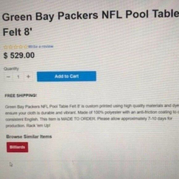 8 Ft Pool Table Felt . Olhausen Regulation NFL Licensed . Green Bay Packers - Picture 2 of 3